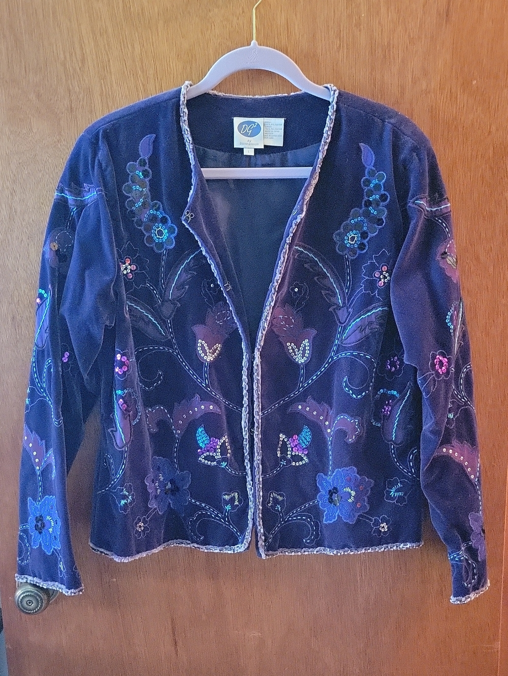 Diane Gilman Purple Velvet Embroidered Open Front Jacket
